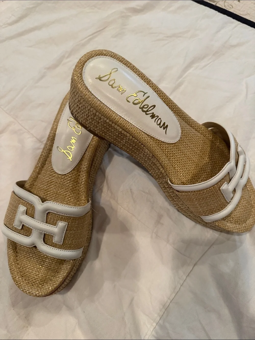 Sam Edelman Natural Raffia Wedge Sandals with White Trim